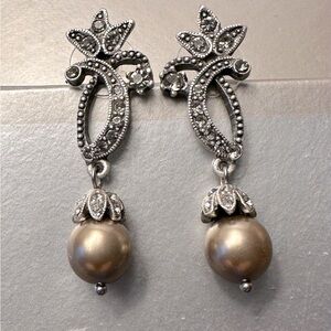 Marcasite and Tahitian Pearl Drop Earrings